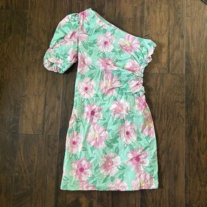Gianni Bini One Shoulder Sleeve Pastel Floral Dress Side Cut Out Medium